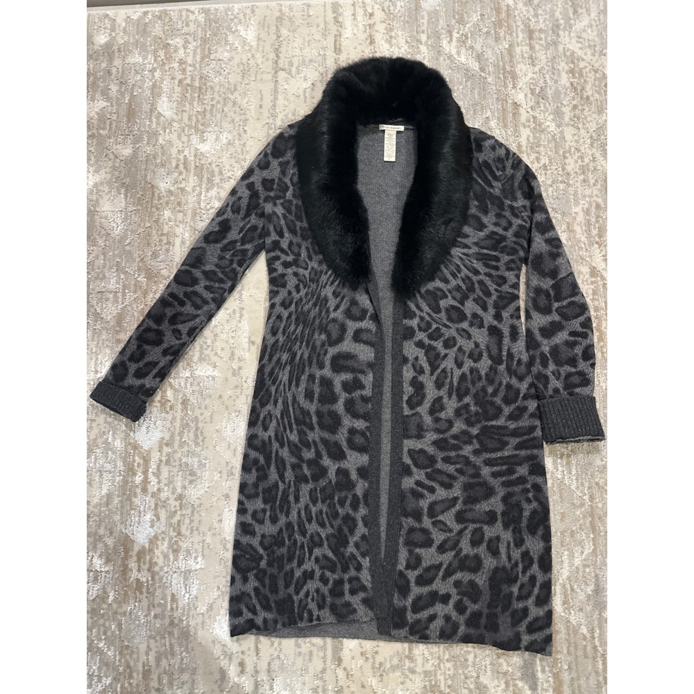 White + Warren Lambswool Cashmere Cardigan detachable Rabbit Fur Collar Grey Sm